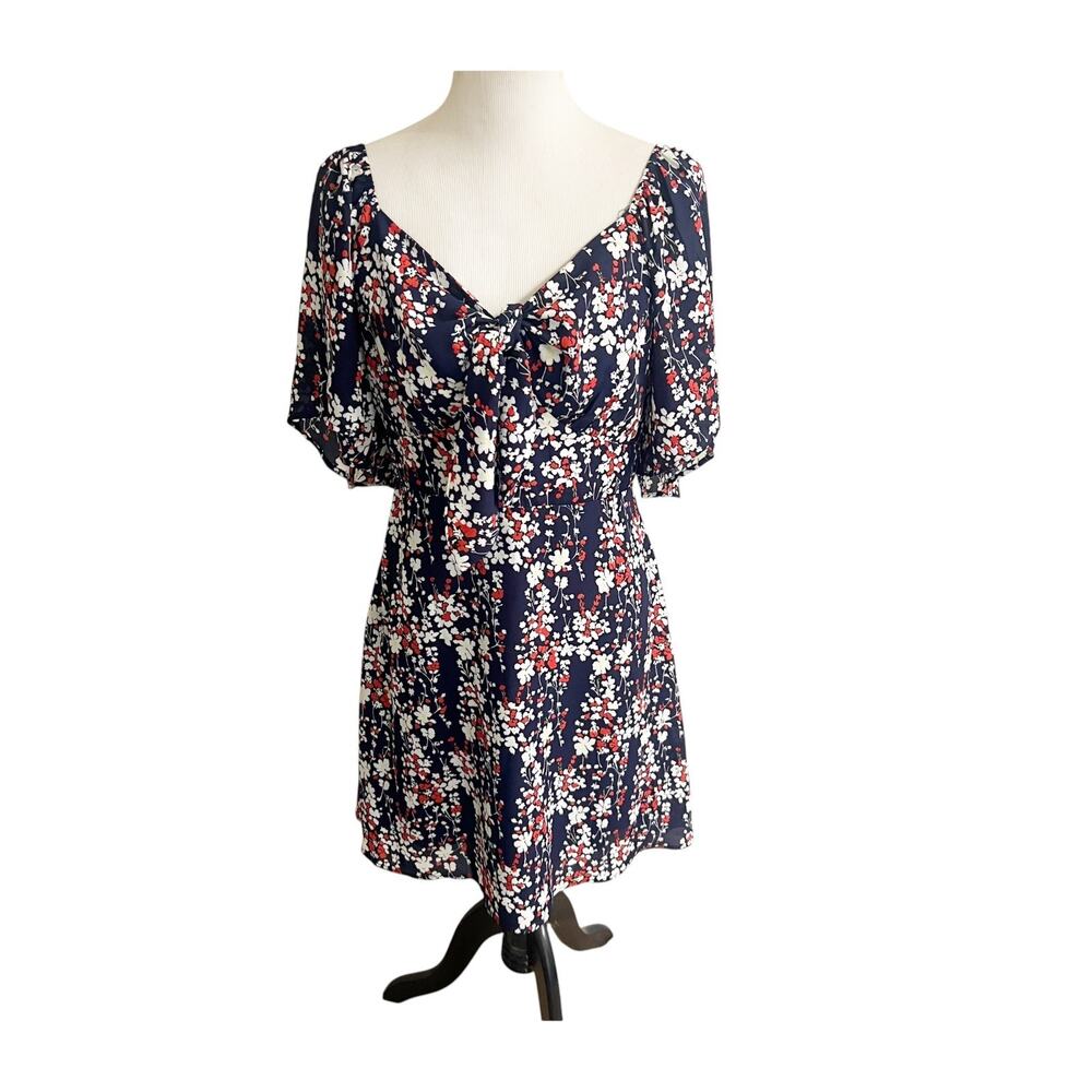 Dokotoo Mini Dress Womens M Navy Blue Floral Tie Front Short Sleeve Cottage Core